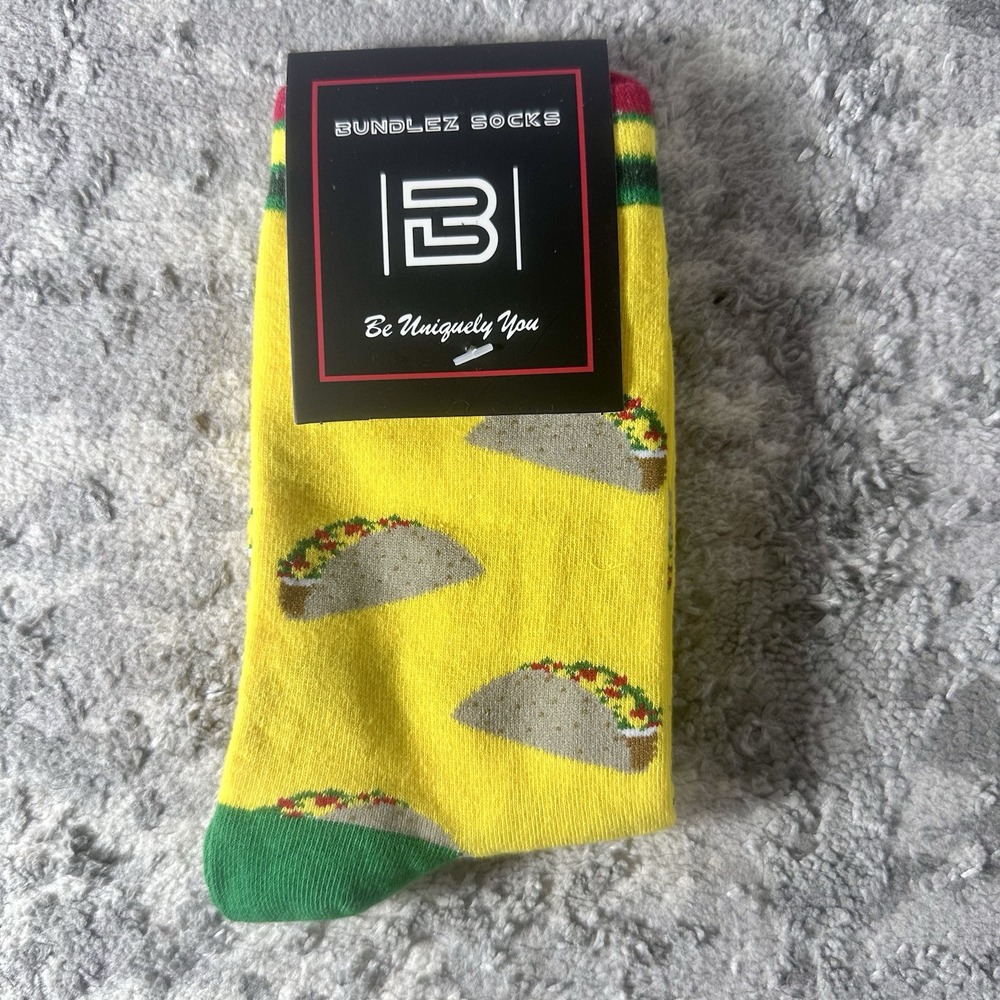 Bundlez Socks Yellow Taco Print Novelty Crew Socks Adult Size Food Theme NWT